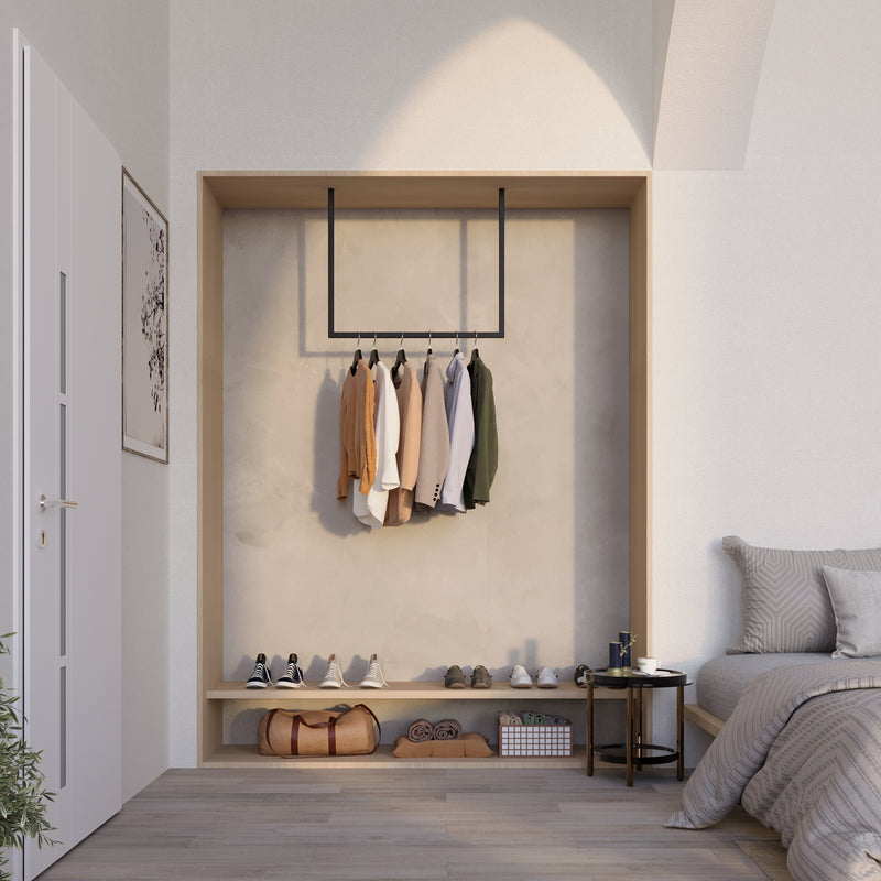 Ceiling mounted clothes rack made from strong iron pipes for simplistic design in the entrance
