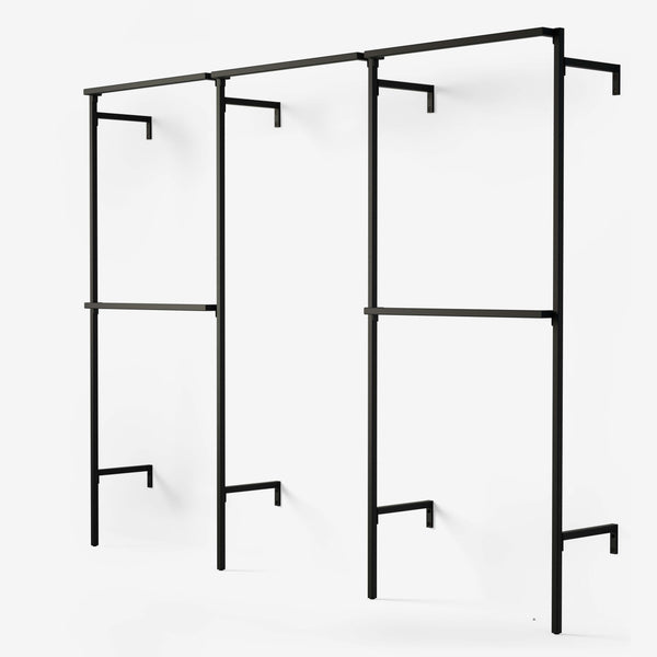 Steel pipe shelf brackets with hanging rail – Sky High Design
