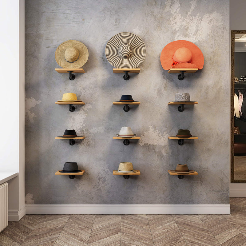 display wall for clothing store with hats on square wooden shelves with iron supports